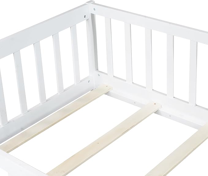 Twin Floor Bed with Slats Fence and Door Twin Size Montessori Floor Bed for Kids Girls Boys Easy Assemble Montessori Bed Frame(Twin White)