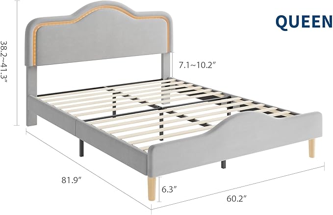IDEALHOUSE Queen Size Bed Frame with LED Lights Velvet Upholstered Platform Bed with Adjustable Headboard for Kids/Girls Wooden Slats Support No Box Spring Needed Gray