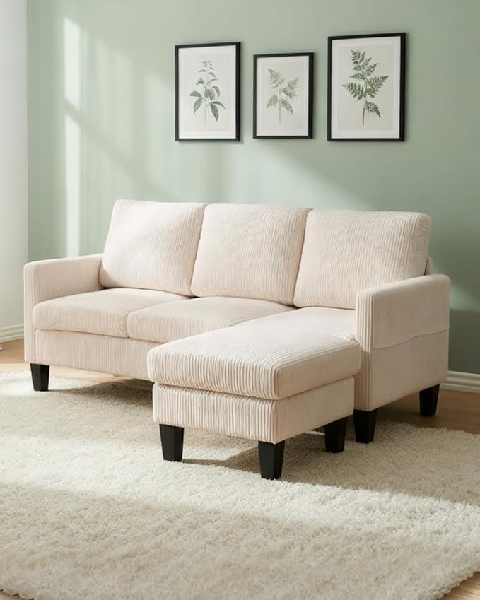 Karl home Small Sectional Couch L Shaped Sofa with Movable Storage Ottoman Corduroy Upholostered Sofa Chaise with Side Pockets for Living Room Apartment Studio Beige