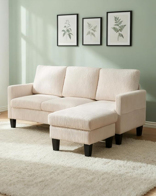 Karl home Small Sectional Couch L Shaped Sofa with Movable Storage Ottoman Corduroy Upholostered Sofa Chaise with Side Pockets for Living Room Apartment Studio Beige