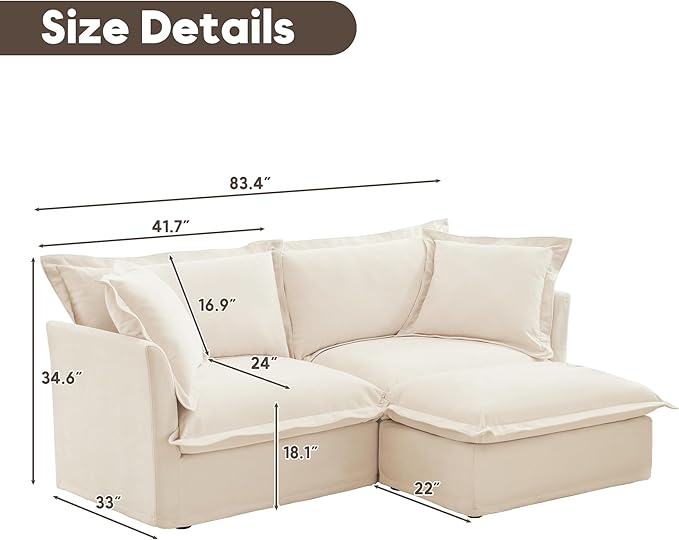 Modular Sectional Sofa Cloud Couch 83.4 Comfy 2-Seat L Shaped Couch with Ottoman &amp Removable Cover Oversized Sofa Set for Living Room Apartment Beige Chenille