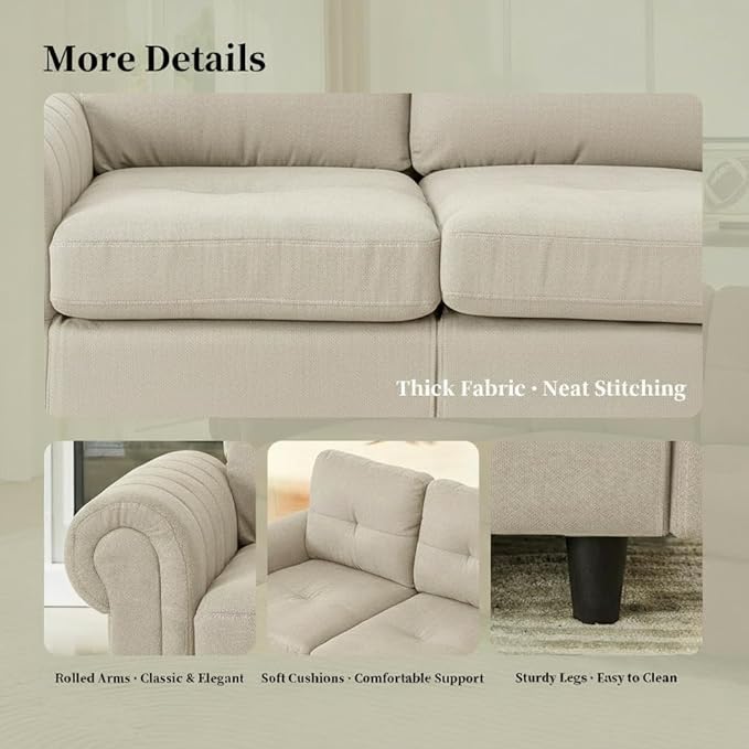 81.1 3-Seater Fabric Sofa Modern Living Room Couch with Rolled Arms and Stitch-Tufted Cushions Comfortable Upholstered Sofa for Home or Apartment (White 3 Seater)