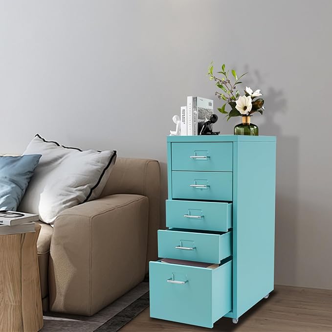5 Drawer File Storage Cabinet 27 Inch Metal Freestanding Office File Cabinet Drawer Organizer with Wheels Mobile Vertical Storage Cabinet for Bedroom Living Room Office Study (Blue)