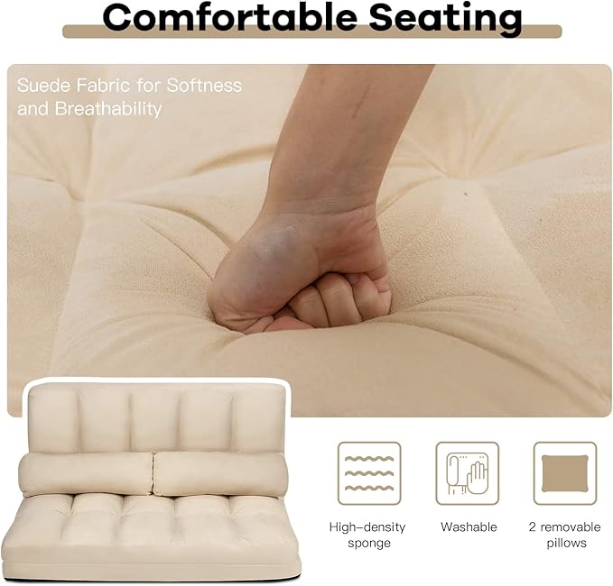 GOFLAME 6-Position Convertible Sofa Beige (Sponge High-Strength Steel Frame 330LBS Capacity Foldable Design for Easy Storage Modern Living Room)