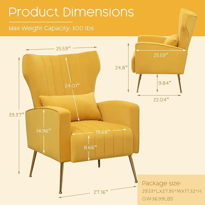 Accent Chair High Back Arm Chair for Living Room Upholstered Wingback Armchair with Golden Legs Lumbar Pillow Single Sofa Reading Chair for Bedroom Apartment Small Spaces Velvet Yellow