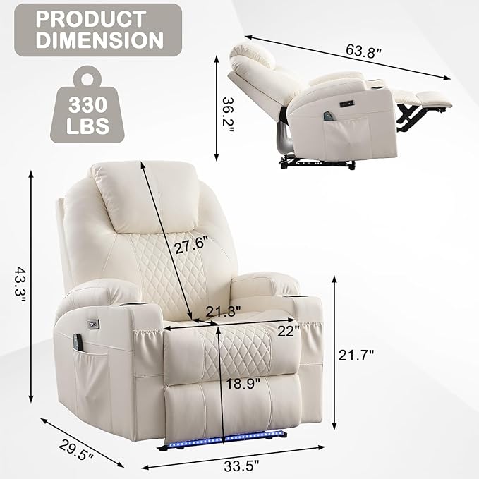 Power Recliner Chair with Heat and Massage for Adults - Home Theater Seating with LED LightsCup HoldersSide PocketUSB Port - Recliner Sofa for Living Room (Beige Set of 2)