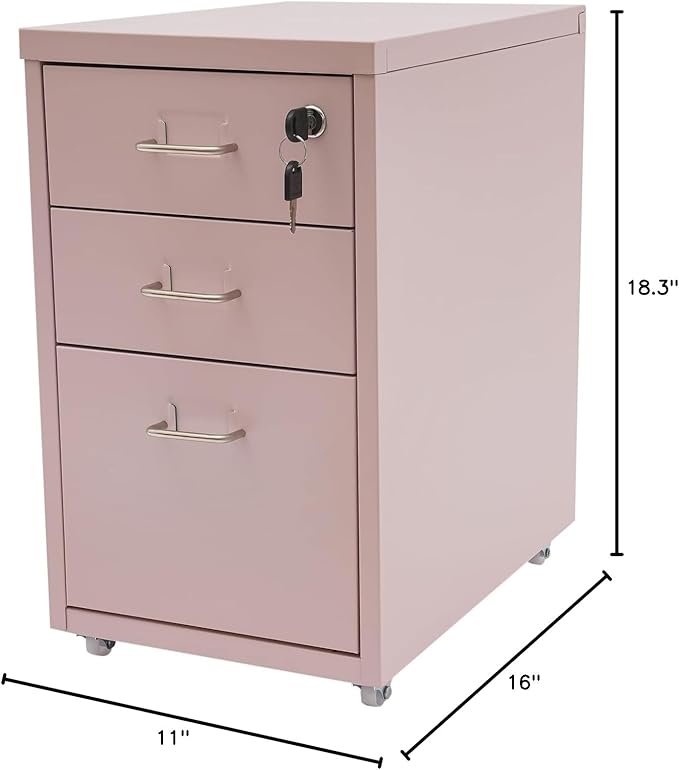 3-Drawer Vertical File Cabine Pink Metal Mobile Filing Cabinet Under Desk with Lock and Wheels Under Desk Metal Filing Cabinet for Office and Home - Assembly Required