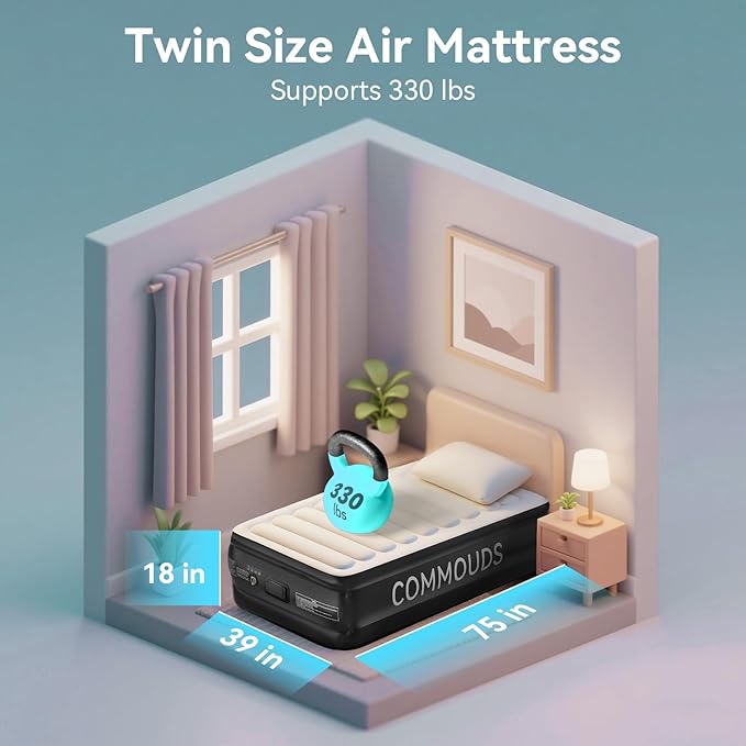 COMMOUDS Twin Air Mattress with Built-in Battery Powered Removable Pump 18 High Inflatable Mattress Portable Blow up Mattress Air Bed for Camping Home and Guest