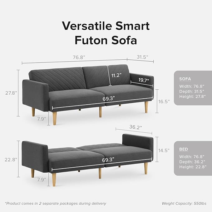 mopio 76.4 Futon Sofa Bed Couch Loveseat Sleeper Sofa Mid Century Modern Futon Couch Sofa Cama Couches for Living Room (Dark Gray Fabric)