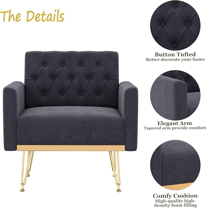 Olela Accent Chair with Arm for Living Room Velvet Modern Armchair Single Sofa Cozy Tufted Upholstered Reading Side Chairs with Gold Metal Leg for Bedroom Decorate