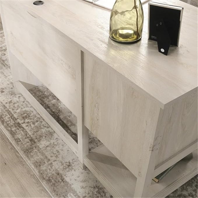 Pemberly Row L-Shaped Engineered Wood Desk Chalked Chestnut Finish 59 in Wide Built-in File Drawer Cord Management Lower Shelf Storage Home Office Executive Desk for Work or Study Use