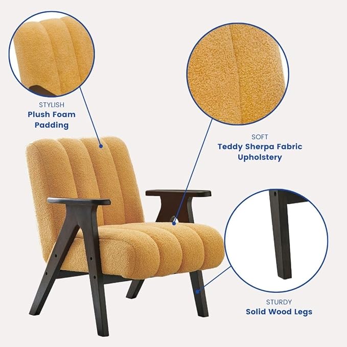 Roundhill Furniture Rella Modern Teddy Sherpa Accent Chair with Espresso Wood Frame Yellow