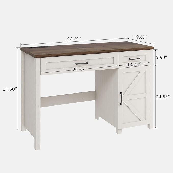 Farmhouse 47 Executive Desk Computer Desk with Drawers and Storage Cabinet Workstation Computer Desk for Home Office and Study Unique White
