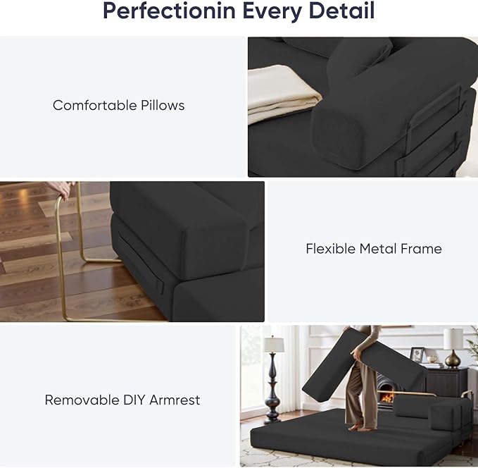 ijuicy 4-in-1 King Convertible Floor Sofa Bed w/ 2 PillowModular Sleeper Sofa/Folding Futon Couch Bed w/Cylindrical Backrest and Fixed FrameLounge CouchCorduroy Compression Sofas for Home-Dark Grey