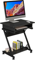 Computer Desk for Small Spaces Mobile Computer Desk with Keyboard Tray Z-Shaped Writing Table with Rolling Wheels &amp Storage Shelf (Black)