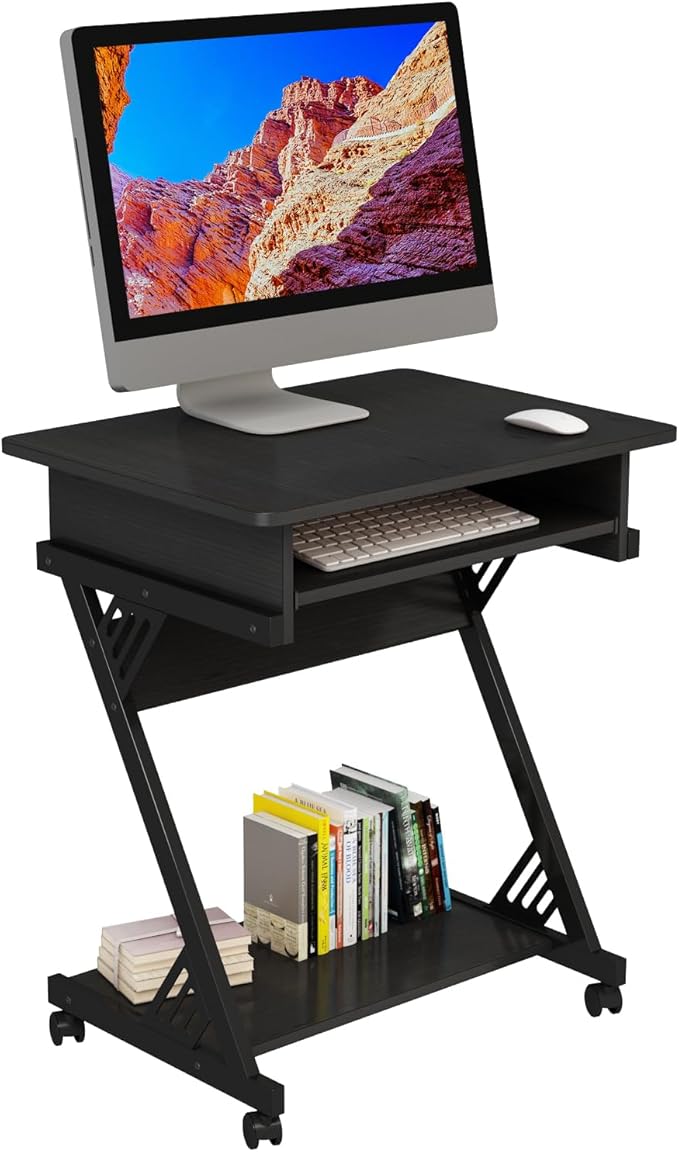 Computer Desk for Small Spaces Mobile Computer Desk with Keyboard Tray Z-Shaped Writing Table with Rolling Wheels &amp Storage Shelf (Black)