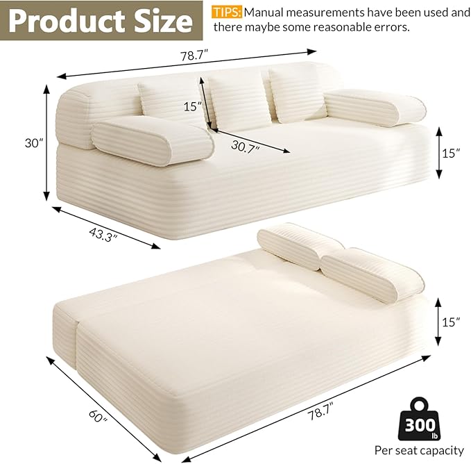 79'' Convertible Sofa Bed Queen with Super Wide Arms Boneless Foldable Couch Bed with 3 Pillows for Adults Corduroy Folding 3 Seater Sofabed with Comfortable Seat for Living Room Bedroom (Beige)