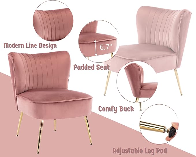 CIMOTA Velvet Accent Chairs Set of 2 Modern Armless Slipper Wingback Single Sofa Side Chair Comfy Corner Chair with Golden Legs for Living Room Bedroom Pink