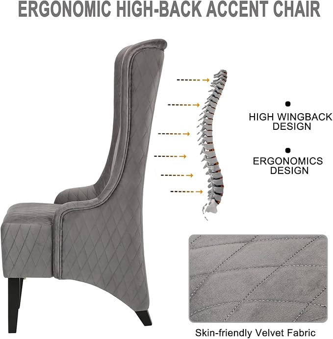 Henf Fabric Upholstered Wingback Accent Chair Velvet Living Room Chair Accent Chair Modern Tufted Leisure Chair with Arms High Backrest Indoor Sofa Chair with Solid Wood Legs Grey