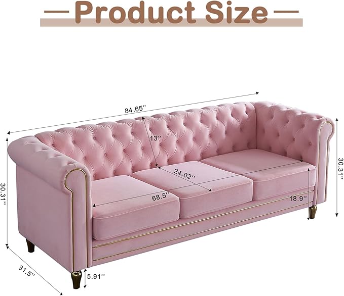 84 Velvet Sofa with Gold Legs Luxury Tufted Couch for Living Room Chesterfield Sofa with Thick Cushion Wide Armrest High-Density Foam Gold Strip Trim (Pink)