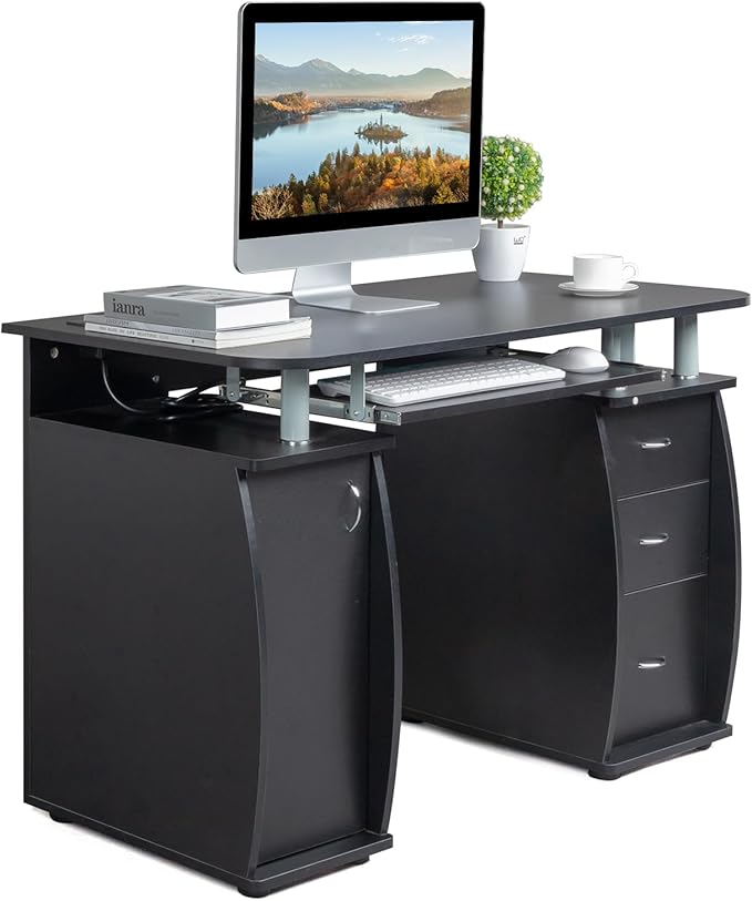 Black Computer Desk with Drawers Home Office Desk Modern Work Study Gaming Writing Home Office Desks with Storage Table for Bedroom PC Laptop Workstation 45.27 L x 21.65 W x 29.13 H