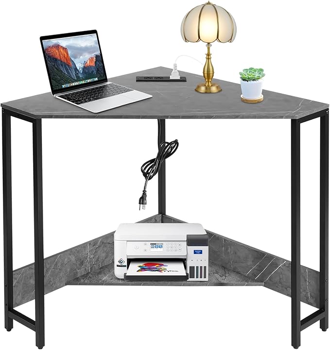 Corner Computer Desk Triangle Computer Desk Small Space Industrial Computers Desks with USB Ports &amp Power Outlet for Home Office Workstation Living Room Bedroom (Gray)
