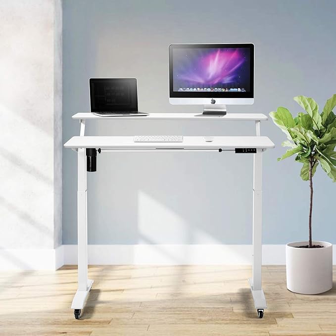 UNICOO Electric Height Adjustable 2-Tier Raising Desk with Wheels Mobile Standing Desk with Monitor Stand Ergonomic Adjustable Computer Table Electric Standing Game Table for Home Office