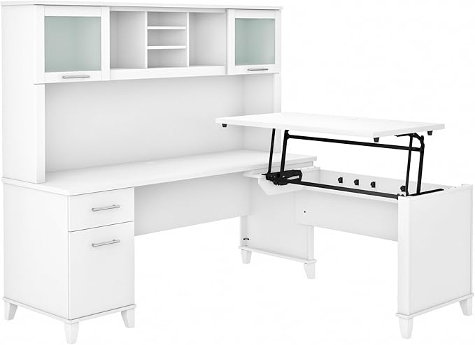 Bush Furniture Somerset 72W 3 Position Sit to Stand L Shaped Desk with Hutch in White | Adjustable Height Table for Home Office