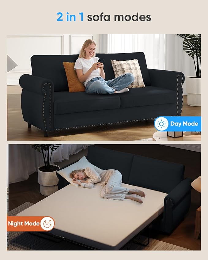 2 in 1 Sofa Bed Queen Size Linen Fabric Pull Out Couch with Folding Foam Mattress Convertible Loveseat Sleeper Sofa with Nailhead Trim for Living Room Bedroom Apartment-Grey
