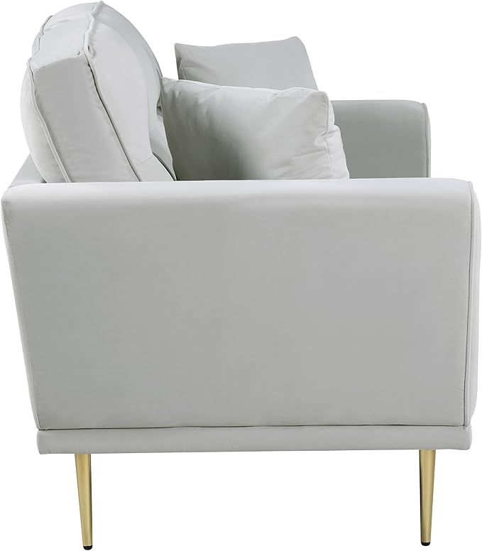 Lexicon Velvet Sofa Love Seat Modern Couches Metal Seat Base Metal Legs with Gold-Tone Finish 58 inch Loveseat Sofa with 2 Throw Pillows 2 Seater Couches for Living Room Bedroom Apartment Grey