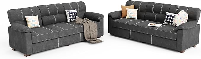 80 Inch Dark Grey Faux Leather Sofa Couch (2 Sets) - Wide Armrests with 2 Pillows Deep Seats Contrast Stitching 3 Seater Leather Couches for Living Room Bedroom Apartment