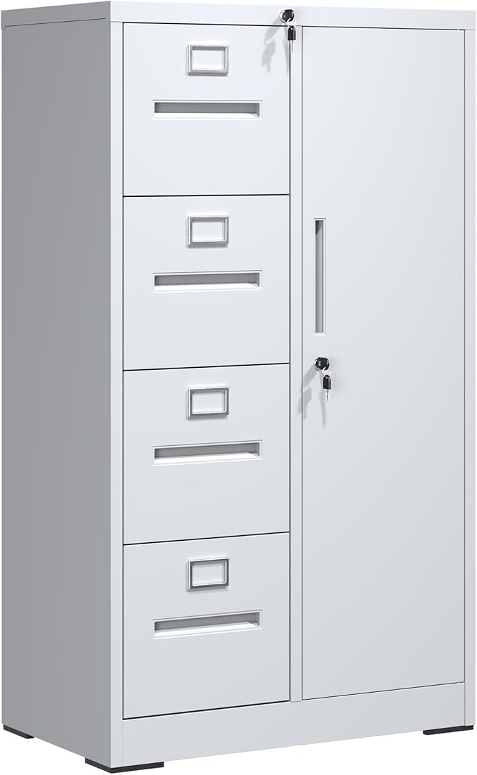 4 Drawer Small File Cabinet with LockUnder Desk Locking Storage Drawers OrganizerMetal Vertical Filing Cabinets for Home OfficeWhite
