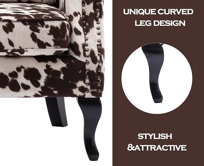 Kmax Velvet Club Chair Tufted Throne Mid Century Accent Wingback Chair Padded Seating Wood Legs Home Club Bedroom Living Room Cow