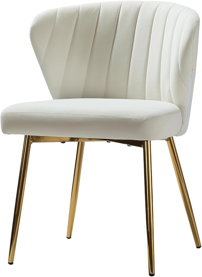 HULALA HOME Velvet Dining Chair Modern Small Vanity Chair with Back Metal Legs Elegant Tufted Armless Accent Chair Living Room Bedroom Beauty Room-Ivory