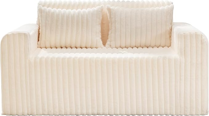 Hobestluk Couch Sofa 2-Seater Foam Sofa Loveseat for Small Spaces Comfy Sofas with Removable Cover Furry Couch with Pillows for Living Room Bedroom Apartment Office (White Loveseat)