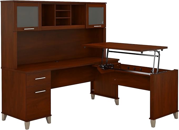 Bush Home Somerset 72W 3 Position Sit to Stand L Shaped Desk with Hutch in Hansen Cherry | Adjustable Height Table for Home Office