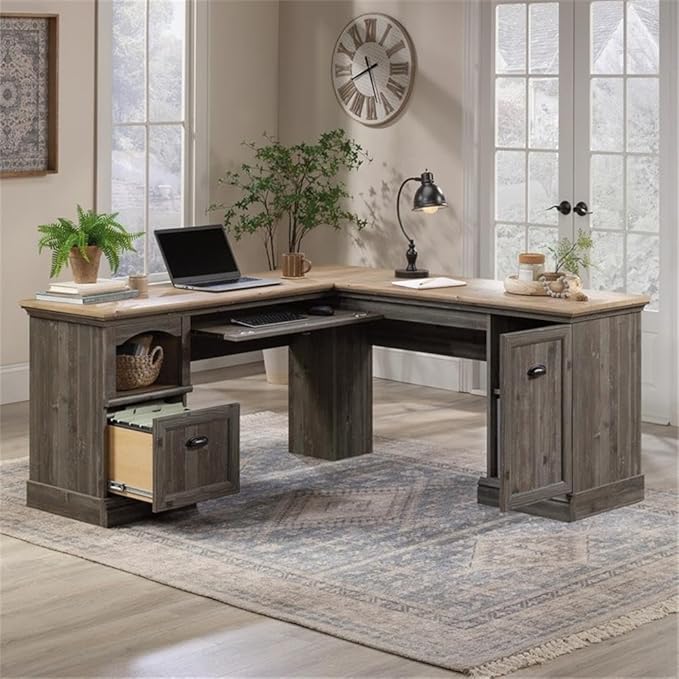 Pemberly Row Contemporary L-Shaped Engineered Wood Desk Pebble Pine Finish with Khaki Pine Accent 30 H x 65.12 W x 65.2 D Keyboard Shelf File Drawer CPU Storage Home Office Desk