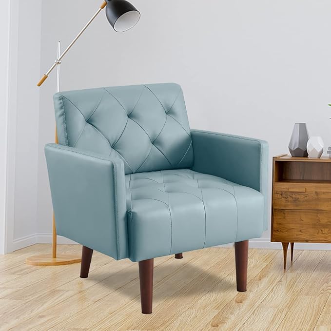 PU Leather Accent Chair Mid Century Modern Armchair for Living Room Reading Tufted Chair Single Sofa High-Density Foam Cushion Solid Wood Legs for Home Bedroom Office Reception(Blue)