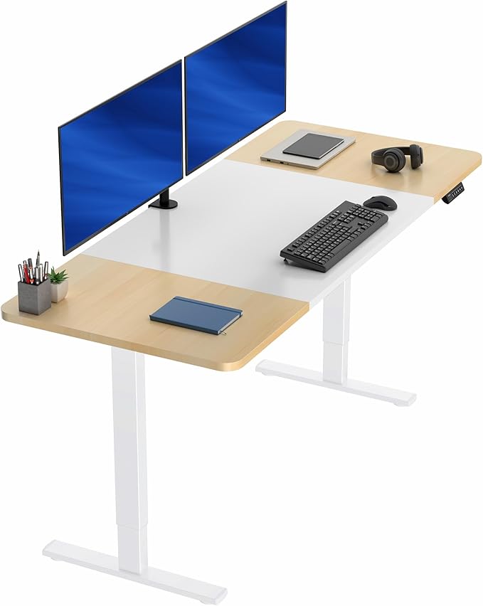 VIVO Electric 71 x 30 in Standing Desk Memory Height Adjustment 1B Series Holds 220 lbs White and Light Wood Top White Frame DESK-KIT-1W7WC