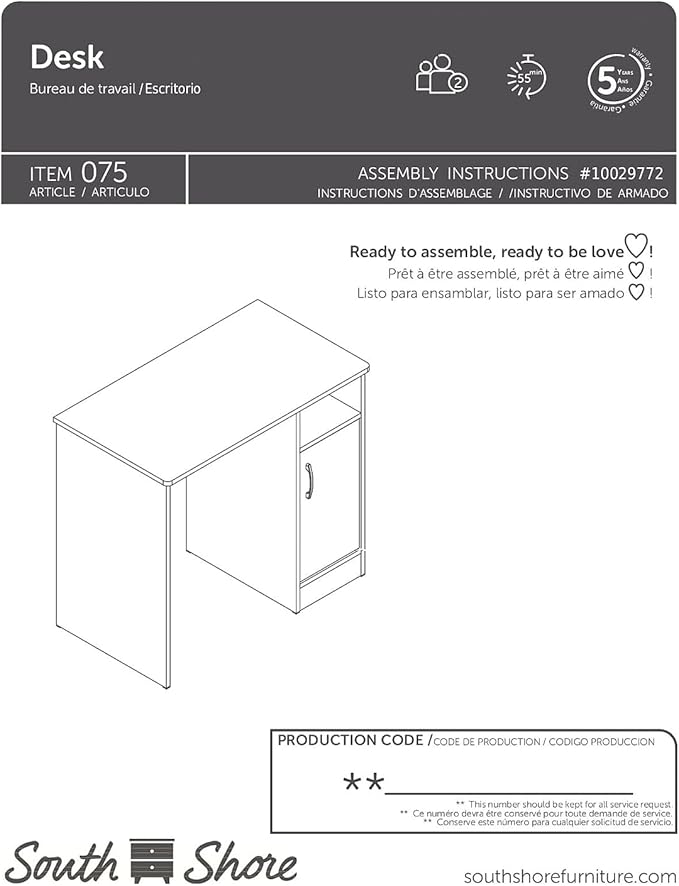 South Shore Small Computer Desk with Door Pure Black