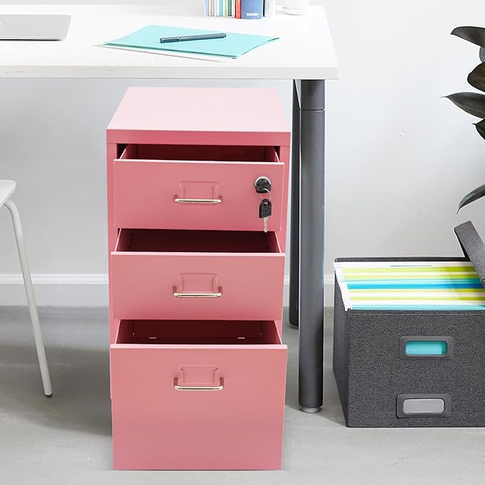 3-Tier Vertical File Cabinet Metal Mobile File Cabinet with Lock+Wheels Lockable Filing Cabinet with 2 Keys Rolling File Cabinets with Lock for Home Office (Pink)