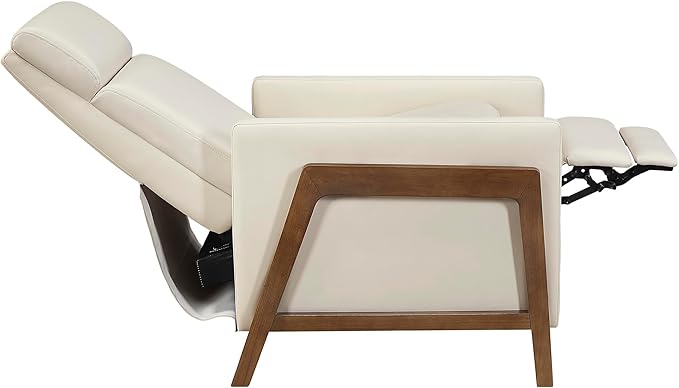 Lexicon Push Back Recliner Chair Faux Leather Upholstered Reclining Chair with Footrest Exposed Dark Brown Finish Wood Frame Small Recliner for Small Space Living Room Bedroom Light Beige