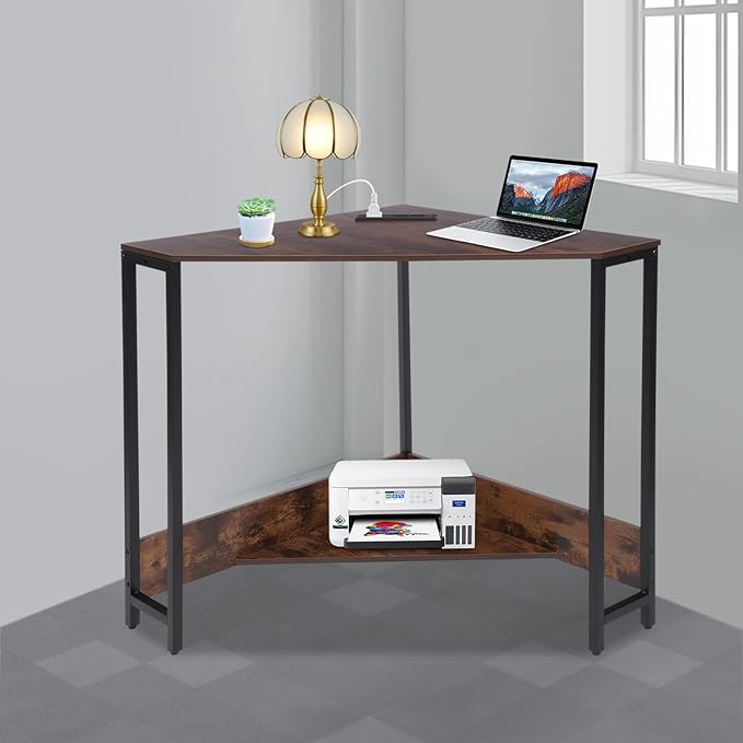 Corner Computer Desk 26.77”*29.53 Corner Table with Outlets Triangle Desk with Storage for Home Office Workstation Living Room Bedroom Rustic Brown