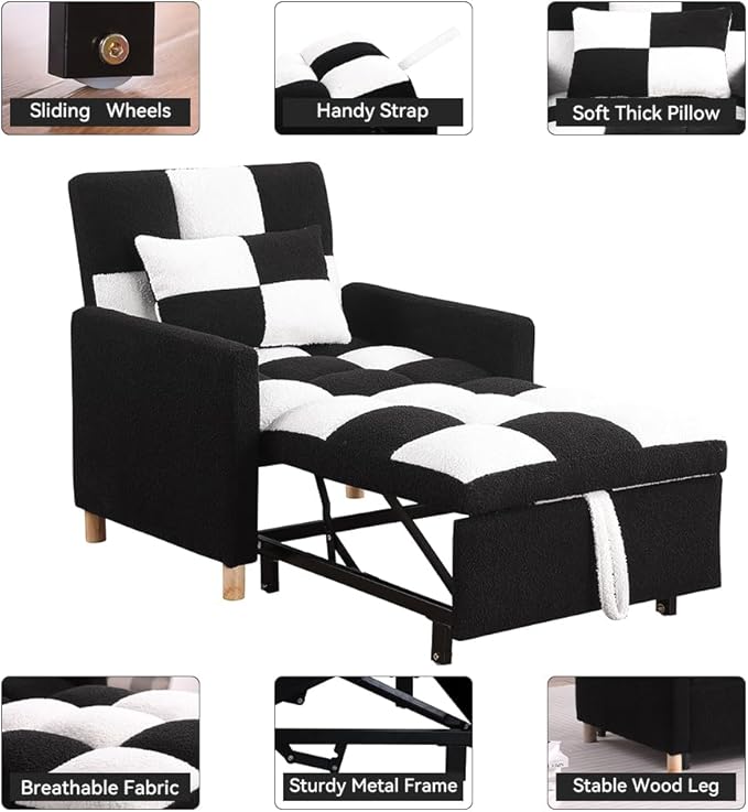 Sleeper Chair BedConvertible Single Sofa Chair Bed with PillowPull Out Sleeper Bed with Adjustable BackrestMulti-Functiona Lounge Chair with Teddy Fabric for Living Room(Black White)