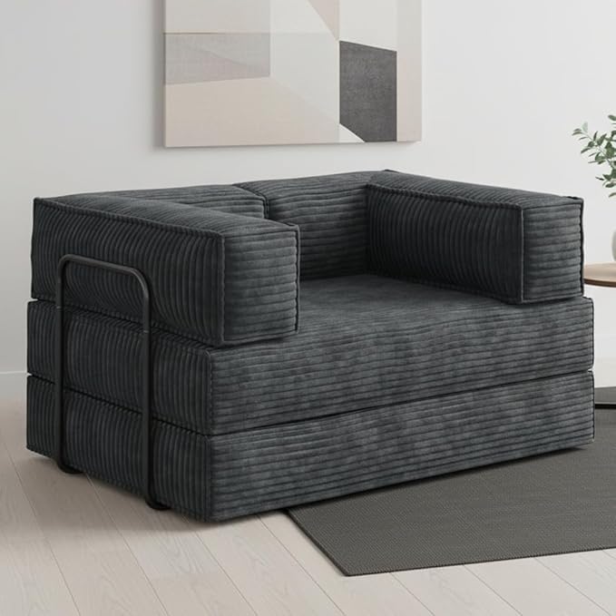 WLIVE 60'' Futon Sofa Bed Convertible Sleeper Sofa Folding Pull Out Couch Boneless Mattress with Fixed Frame Corduroy with Storage Pocket Grey