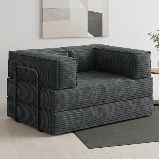 WLIVE 60'' Futon Sofa Bed Convertible Sleeper Sofa Folding Pull Out Couch Boneless Mattress with Fixed Frame Corduroy with Storage Pocket Grey