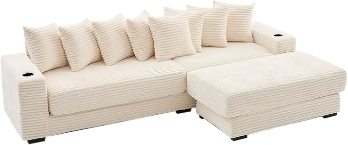 Sleeper Sofa Bed King Corduroy Modular L Shaped Sofa Oversized Reversible Chaise Lounge Modern Sectional Couch with Ottoman Cup Holder Side Pocket 8 Pillows for Living Room Beige