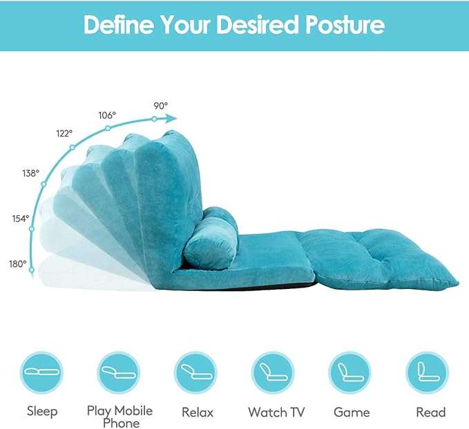Giantex Adjustable Floor Sofa Couch Multi-Functional 6-Position Foldable Lazy Sofa Sleeper Bed Blue Corduroy Iron Frame 70.5 x 42.5 x 7