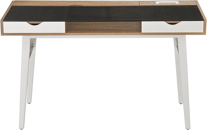 51 Compact Computer Desk with Black Tempered Glass Top Easy-Access Back Storage Compartment 2 Drawers Open Shelf and Cable Management Stylish Home Office Desk with White Steel Frame Walnut