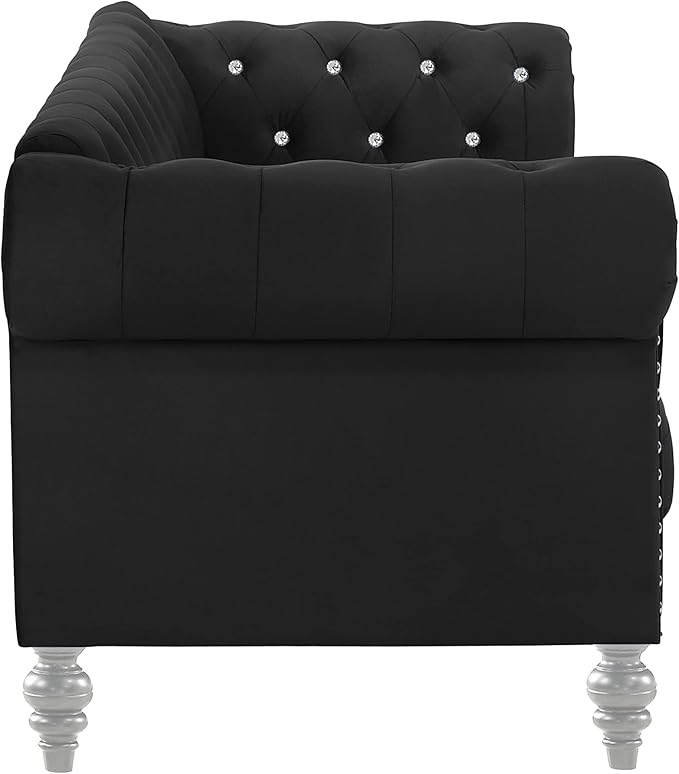 New Classic Furniture Glam Emma Velvet Three Seater Chesterfield Style Sofa for Small Spaces with Crystal Button Tufts Black